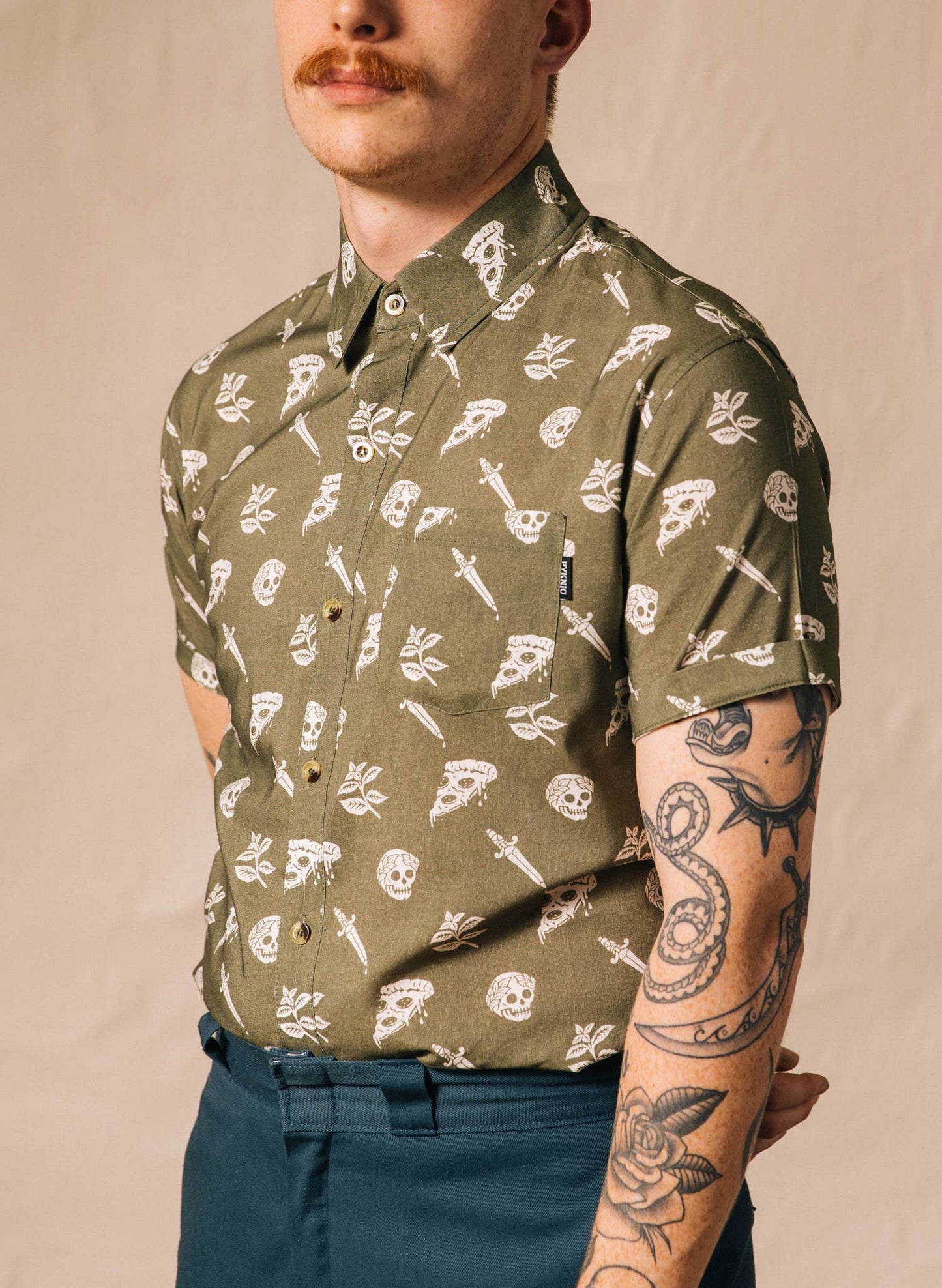 Pizza Slayer Tattoo Flash Mens Womens Casual Button Up Shirt