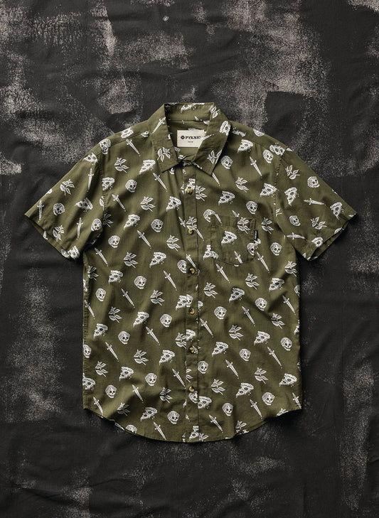 Pizza Slayer Tattoo Flash Mens Womens Casual Button Up Shirt